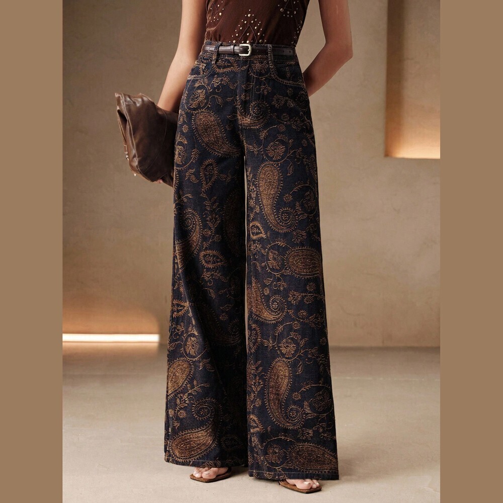 Navy Paisley Print Denim Extra Long Wide Leg Jeans